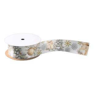 Winter Gold and Silver Pine Tree Satin Ribbon