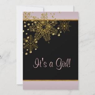 Winter Gold Black Pink Snowflakes Baby Girl Shower Invitation
