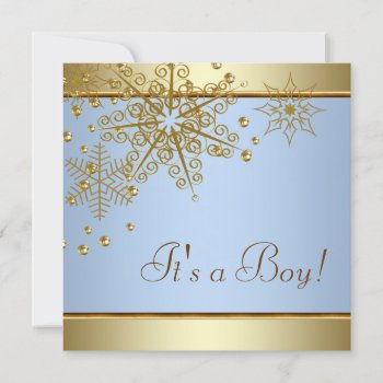 Winter Gold Blue Snowflakes Baby Boy Shower Invitation by BabyCentral at Zazzle