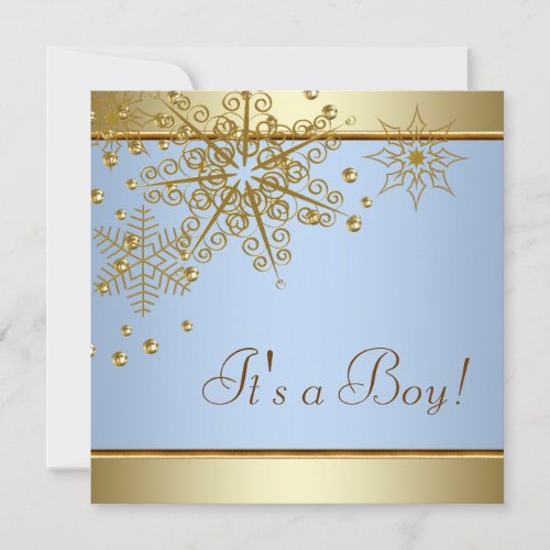 Winter Gold Blue Snowflakes Baby Boy Shower Custom Invitation