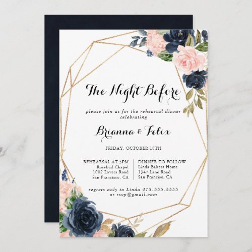 Winter Gold Floral Night Before Rehearsal Dinner Invitation