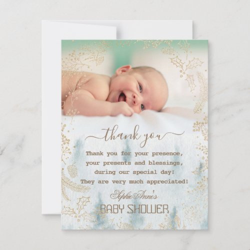 Winter Gold Frame Forest Photo Baby Shower Thank You Card