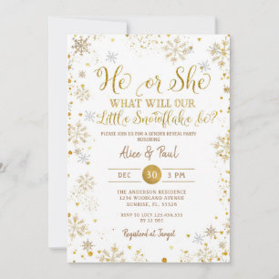 Winter Gold He or She Gender Reveal Party Invitation