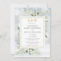 Winter Gold Monogram Greenery Couples Baby Shower Invitation