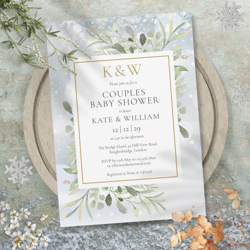 Winter Gold Monogram Greenery Couples Baby Shower Invitation