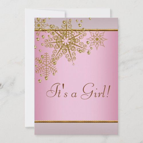 Winter Gold Pink Snowflakes Baby Girl Shower Custom Announcements