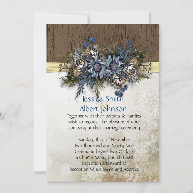 Winter Gold Ribbon Blue Floral Wedding Invite (Front)