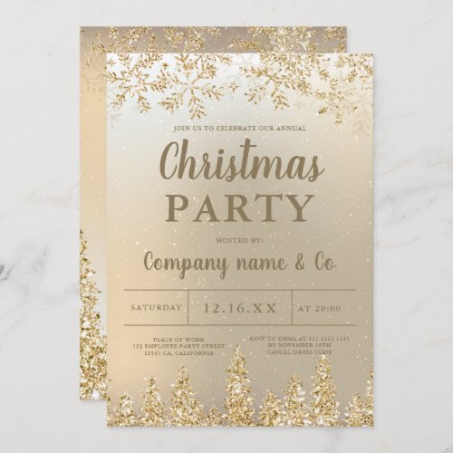 Winter gold snow pine metallic corporate Christmas Invitation