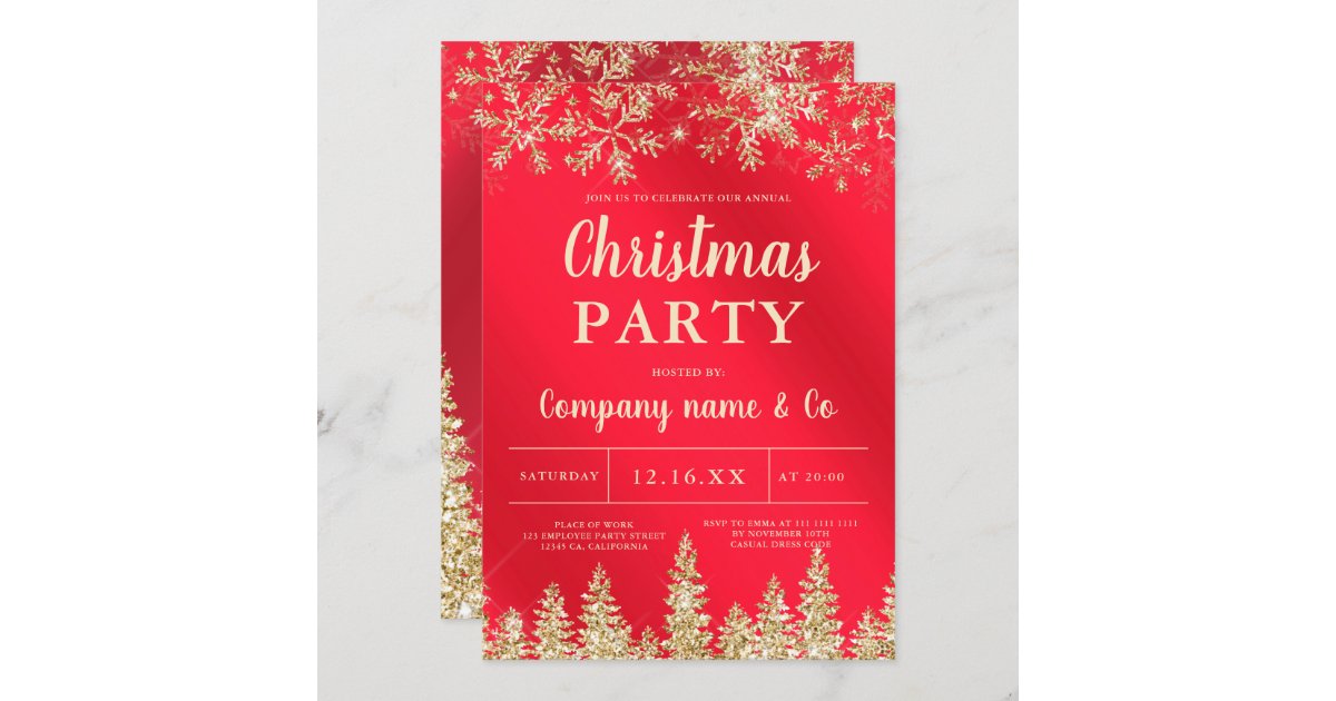 Winter gold snow pine red corporate Christmas Invitation | Zazzle