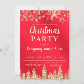 Winter gold snow pine red corporate Christmas Invitation | Zazzle