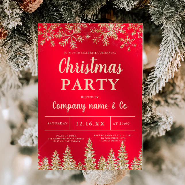 Winter gold snow pine red corporate Christmas Invitation | Zazzle