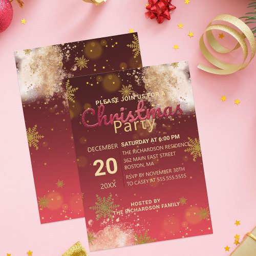 Winter Gold Snowflakes on Burgundy Christmas Party Invitation