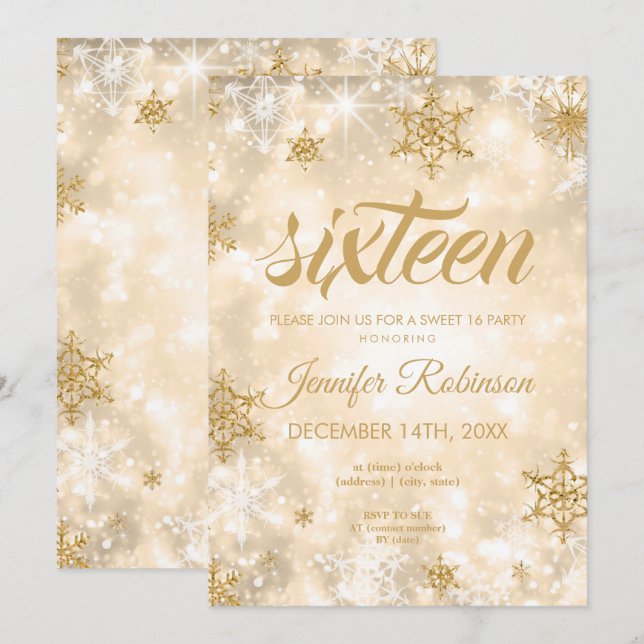 Winter Gold Sweet 16 Glitter Sparkle Invitation (Front/Back)