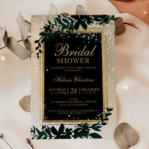 Winter gold typography leaf snow bridal shower invitation