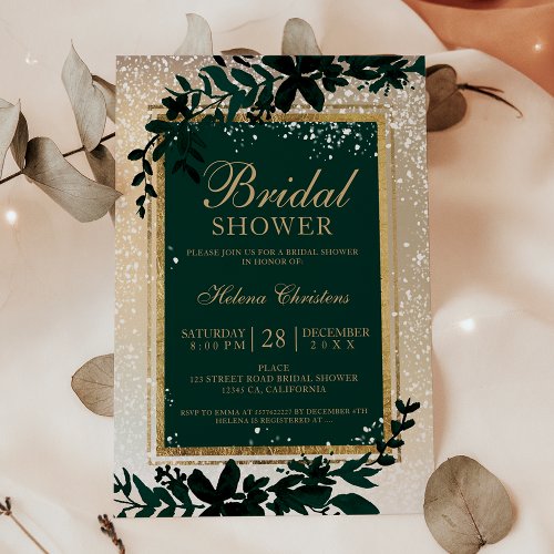 Winter gold typography leaf snow bridal shower invitation