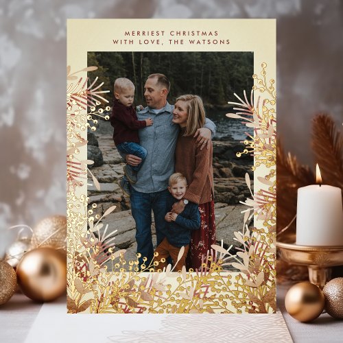 Winter Gold Watercolor Christmas Berries Photo Foil Holiday Card