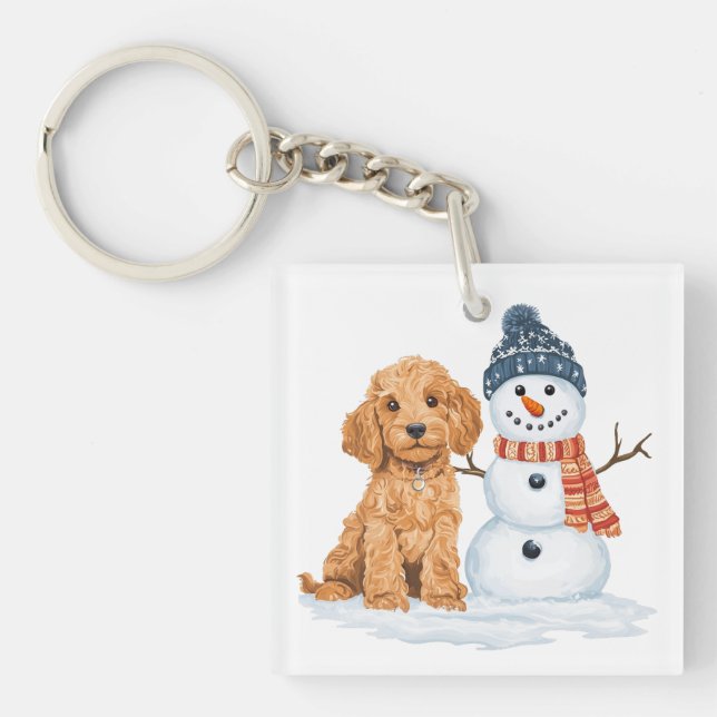 Winter Goldendoodle Dog Cute Snowman Keychain (Front)