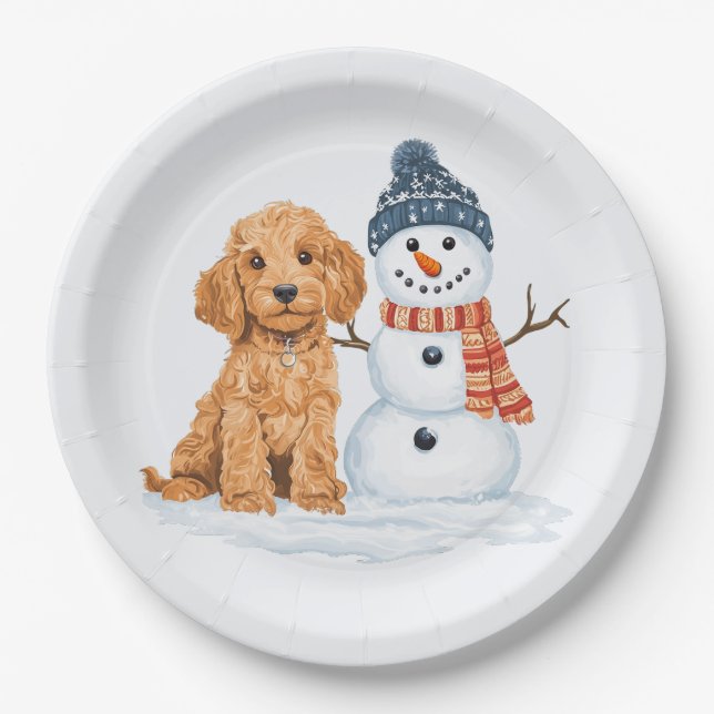 Winter Goldendoodle Dog Cute Snowman Paper Plates (Front)