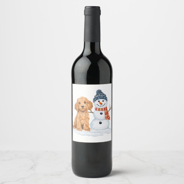 Winter Goldendoodle Dog Cute Snowman Wine Label (Front)