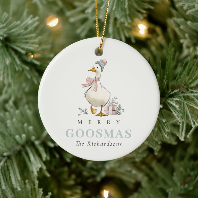 Winter Goose Christmas Funny Merry Goosmas Photo Ceramic Ornament (Tree)