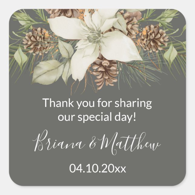 Winter Gray Elegant Script Wedding Favor Square Sticker (Front)