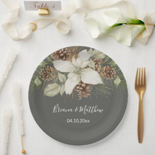 Winter Gray Elegant Script Wedding Paper Plates