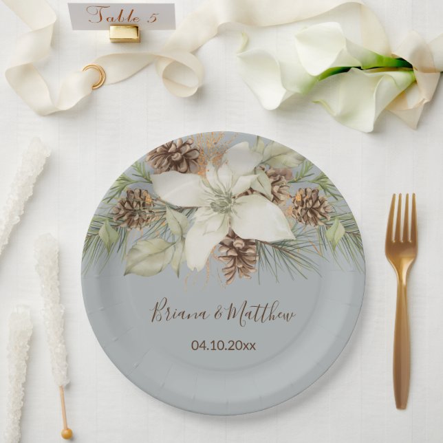Winter Gray Elegant Script Wedding Paper Plates (Wedding)