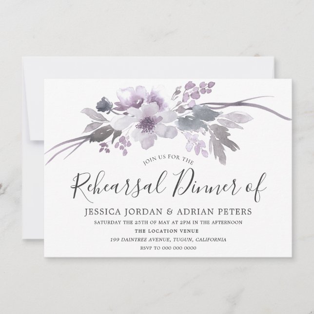 Winter Gray Floral Watercolor Rehearsal Dinner Invitation (Front)