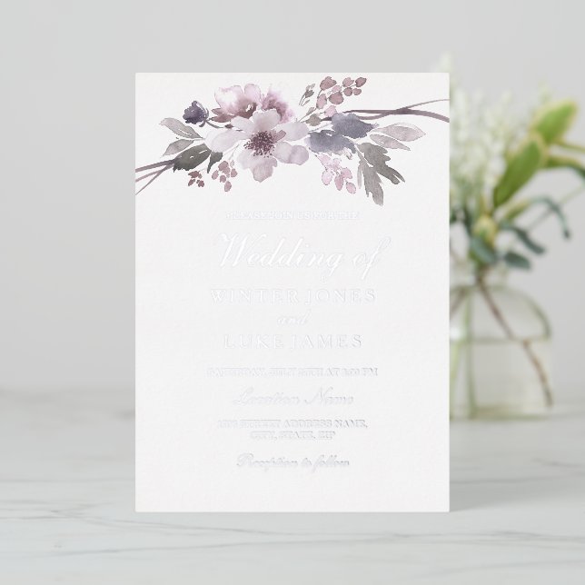 Winter Gray Floral Watercolor Wedding Silver Foil Invitation (Standing Front)