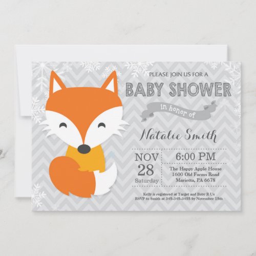 Winter Gray Fox Baby Shower Invitation
