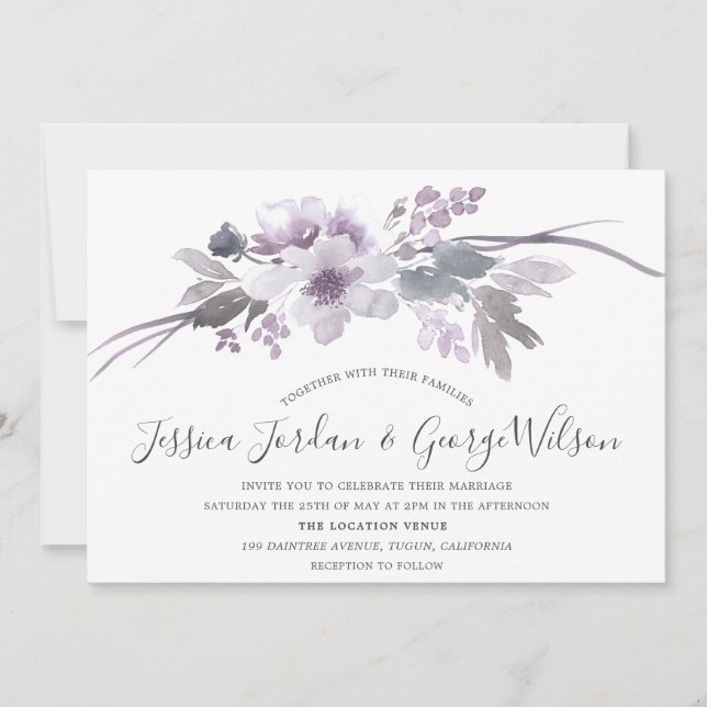 Winter Gray Modern Floral Watercolor Wedding Invitation (Front)