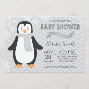 Winter Gray Penguin Baby Shower Invitation