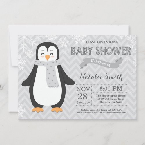 Winter Gray Penguin Baby Shower Invitation
