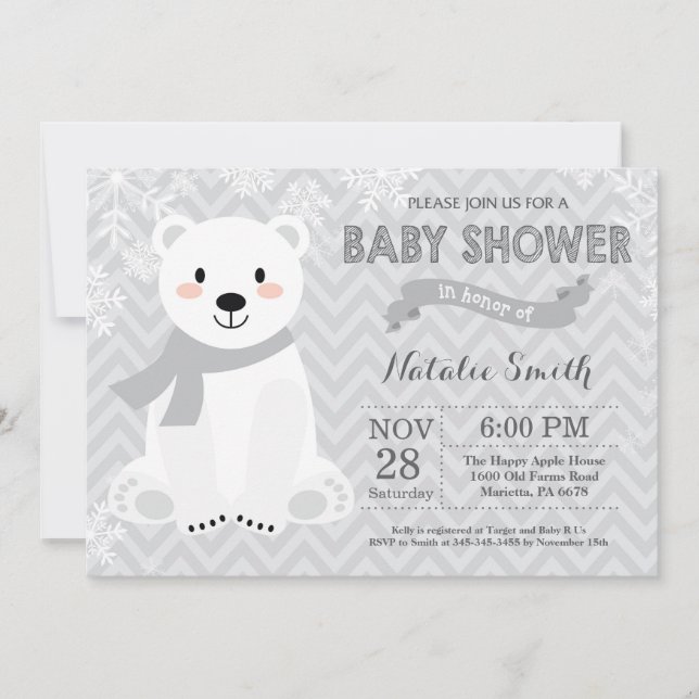 Winter Gray Polar Bear Baby Shower Invitation (Front)