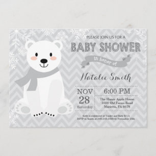 Winter Gray Polar Bear Baby Shower Invitation