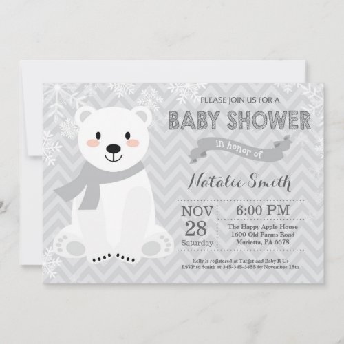 Winter Gray Polar Bear Baby Shower Invitation
