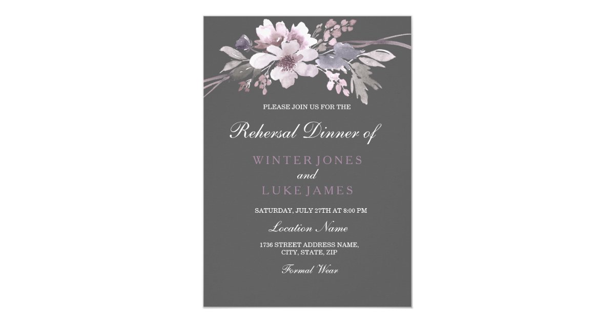 Winter Gray Purple Floral Wedding Rehearsal Dinner Invitation