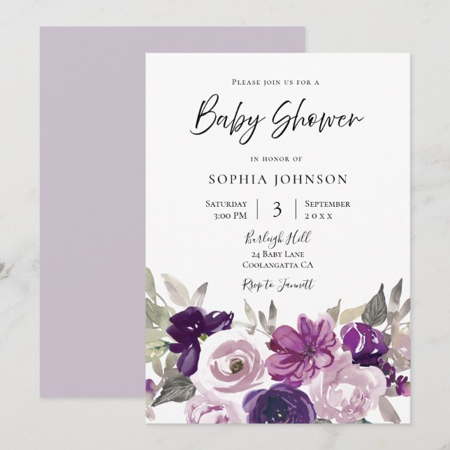 Winter Gray: Purple Lavender Floral Baby Shower Invitation (Front/Back)