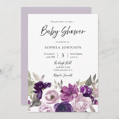 Winter Gray Purple Lavender Floral Baby Shower Invitation
