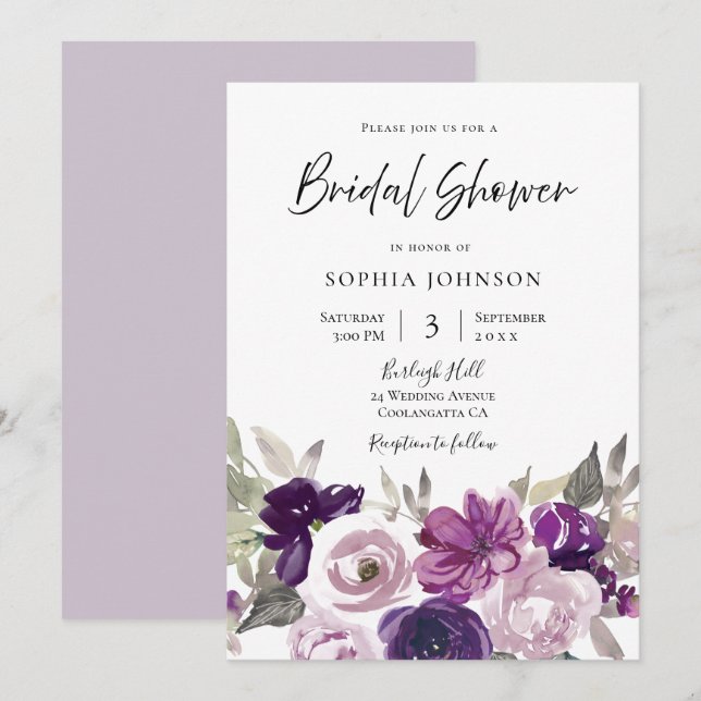 Winter Gray: Purple Lavender Floral Bridal Shower Invitation (Front/Back)