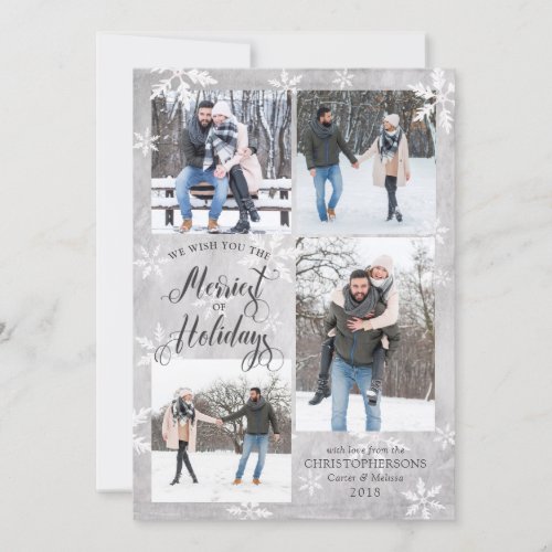 Winter Gray Snowflake Overlay Four Photos Holiday Card