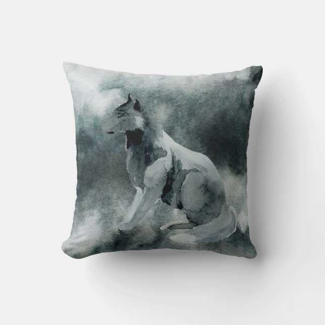Winter Gray Wolf Pup Throw Pillow (Front)