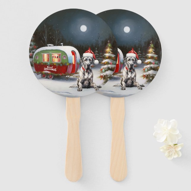 Winter Great Dane Caravan Christmas Adventure Hand Fan (Front and Back)