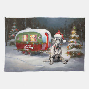 Winter Great Dane Caravan Christmas Adventure Kitchen Towel