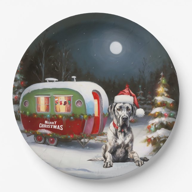 Winter Great Dane Caravan Christmas Adventure Paper Plates (Front)