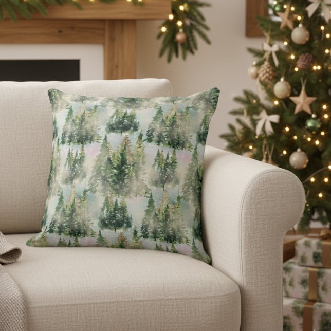 Winter Green And Gold Pine Tree Wonderland Pattern Throw Pillow (Creator Uploaded)