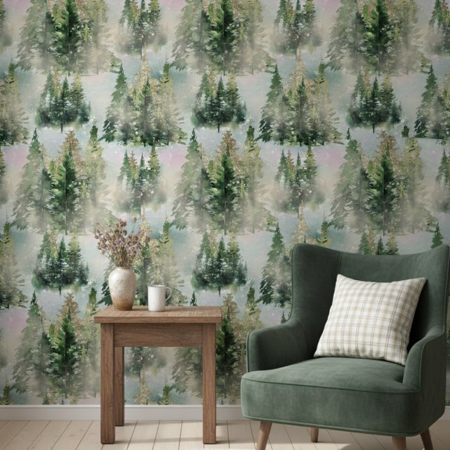 Winter Green And Gold Pine Tree Wonderland Pattern Wallpaper (Creator Uploaded)