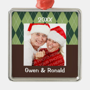 Winter green argyle custom photo holiday keepsake metal ornament