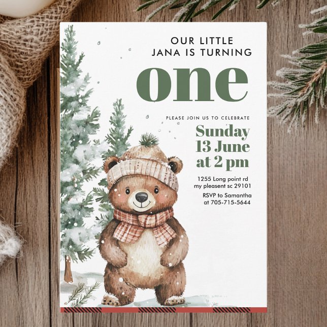 Winter Green Bear Birthday Party | Woodland Invitation (Creator Uploaded)