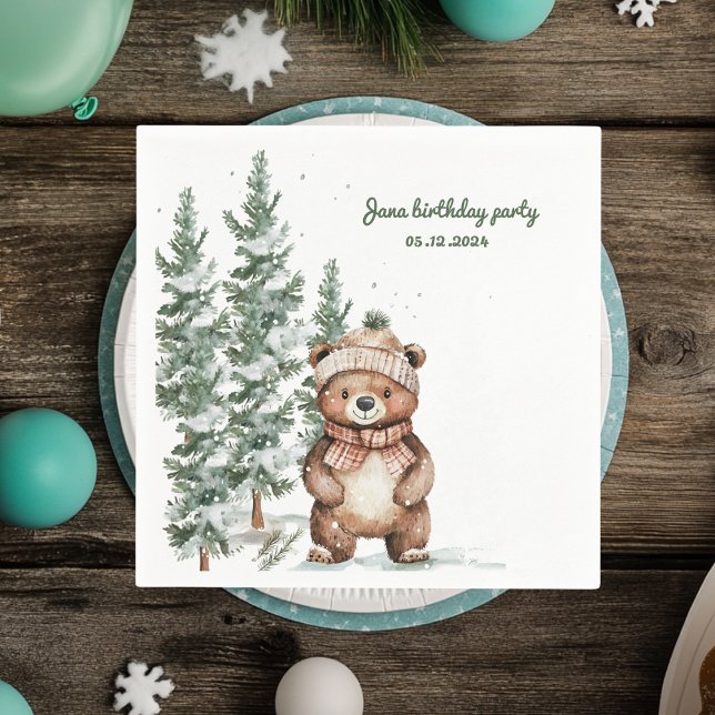 Winter Green Bear Birthday Party Woodland  Napkins (Creator Uploaded)